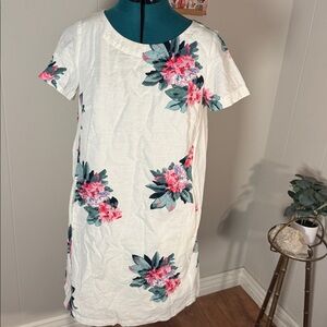Joules White Linen Dress with Pink and Green Floral Pattern